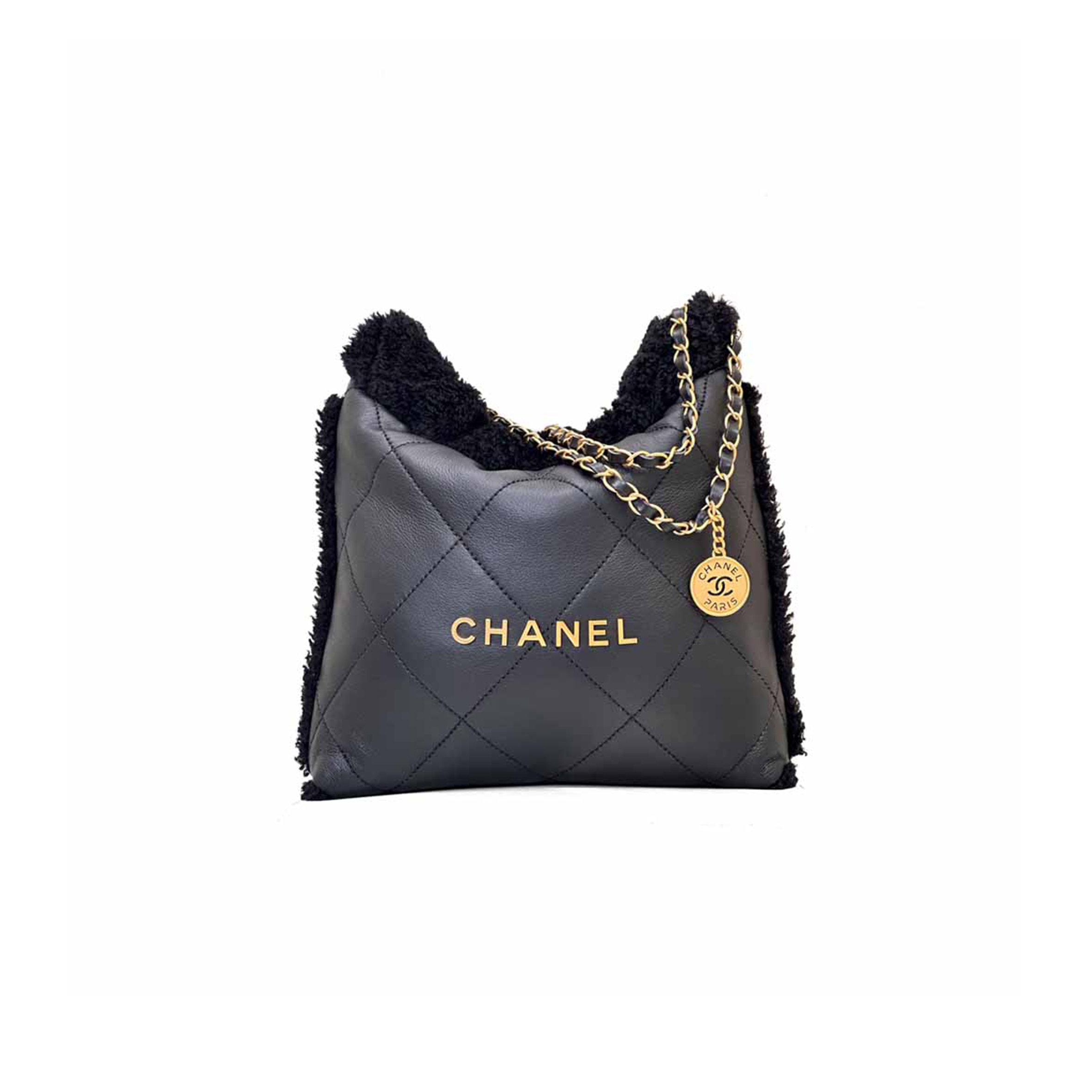 Ch*el shearling aged lambskin quilted small Ch*el 22 black as3260 (37*35*7cm)